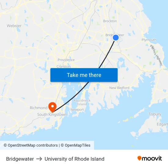 Bridgewater to University of Rhode Island map