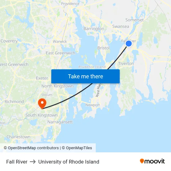 Fall River to University of Rhode Island map