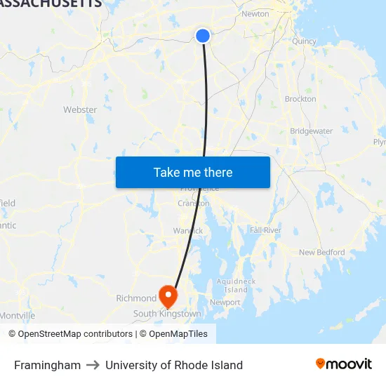 Framingham to University of Rhode Island map