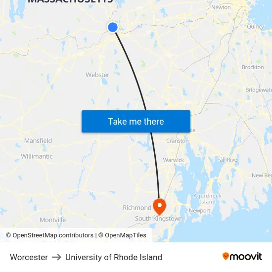 Worcester to University of Rhode Island map