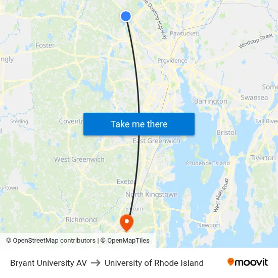 Bryant University AV to University of Rhode Island map