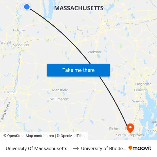 University Of Massachusetts Amherst to University of Rhode Island map