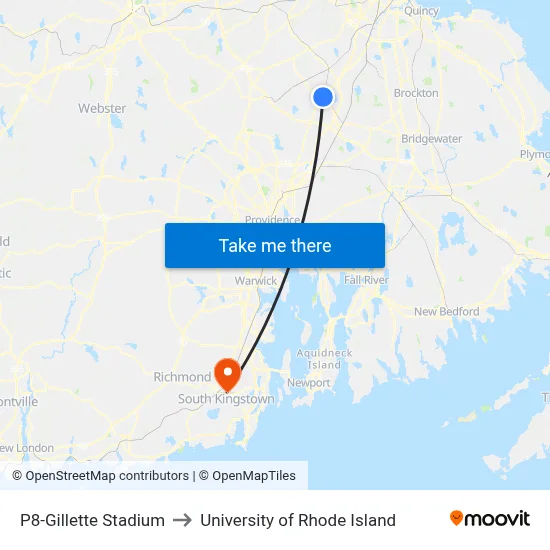 P8-Gillette Stadium to University of Rhode Island map