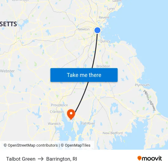 Talbot Green to Barrington, RI map