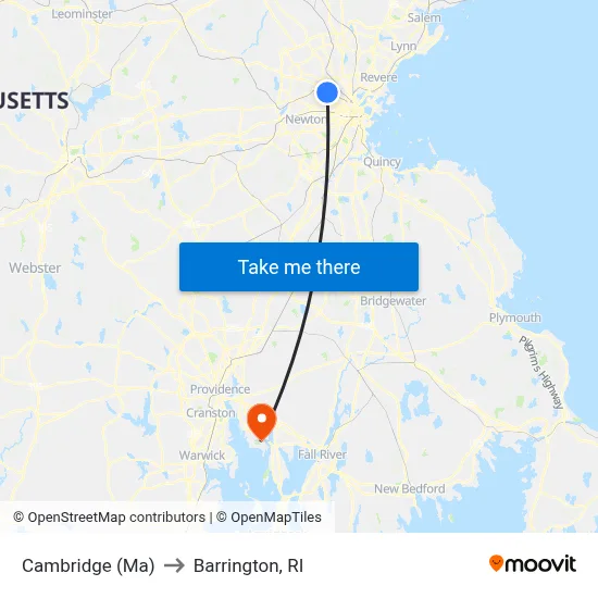 Cambridge (Ma) to Barrington, RI map