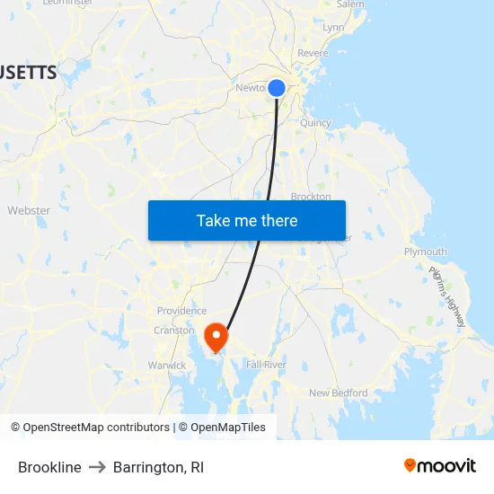 Brookline to Barrington, RI map