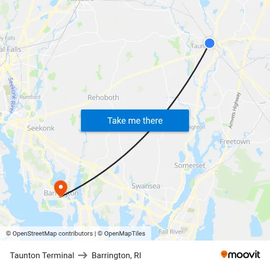 Taunton Terminal to Barrington, RI map
