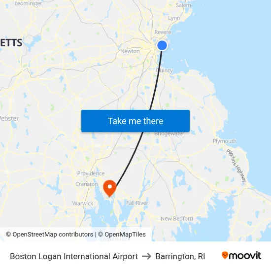 Boston Logan International Airport to Barrington, RI map