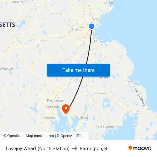 Lovejoy Wharf (North Station) to Barrington, RI map