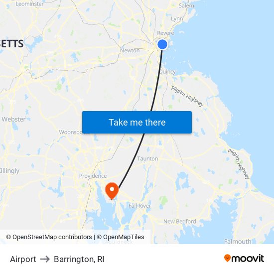 Airport to Barrington, RI map