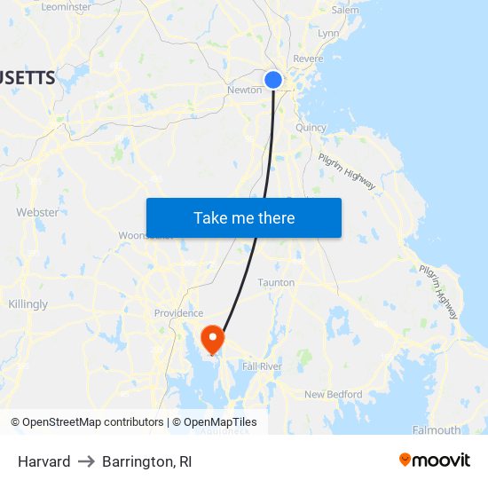 Harvard to Barrington, RI map