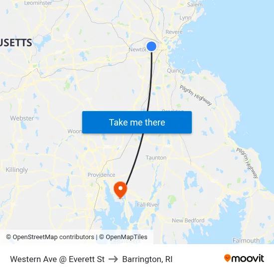 Western Ave @ Everett St to Barrington, RI map