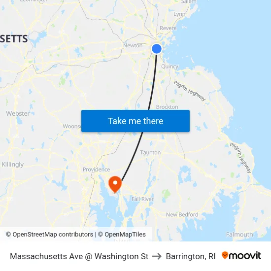 Massachusetts Ave @ Washington St to Barrington, RI map