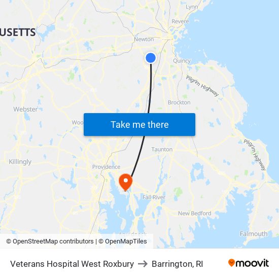 Veterans Hospital West Roxbury to Barrington, RI map