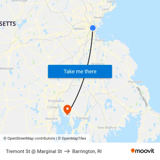 Tremont St @ Marginal St to Barrington, RI map