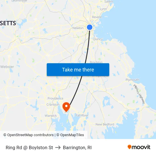 Ring Rd @ Boylston St to Barrington, RI map