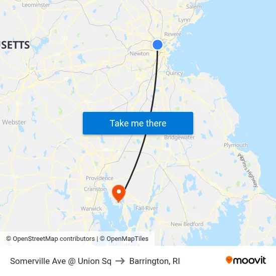 Somerville Ave @ Union Sq to Barrington, RI map