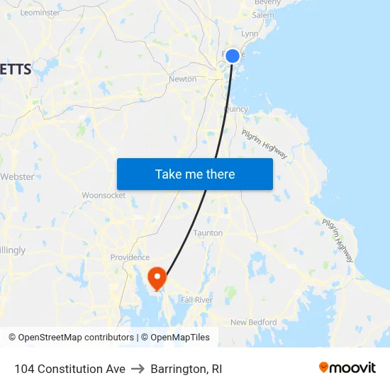 104 Constitution Ave to Barrington, RI map