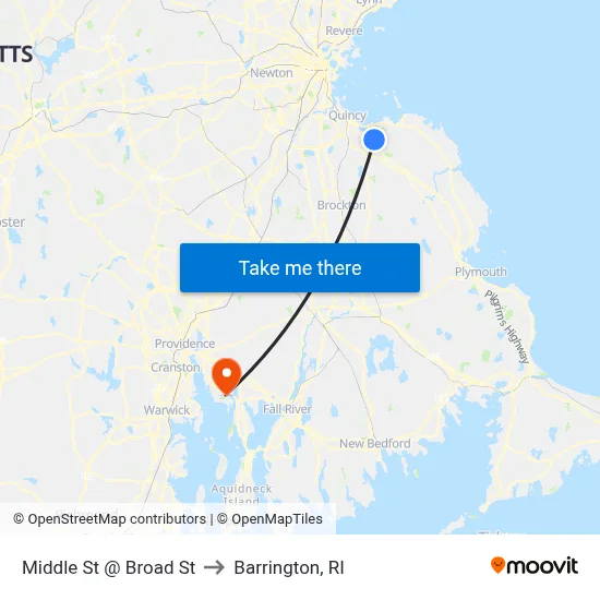 Middle St @ Broad St to Barrington, RI map