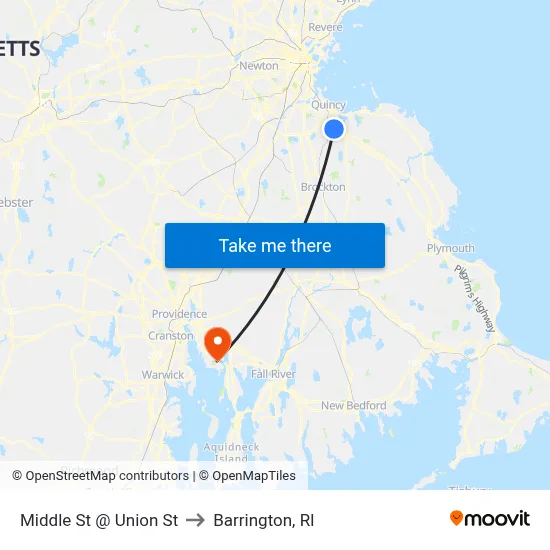 Middle St @ Union St to Barrington, RI map