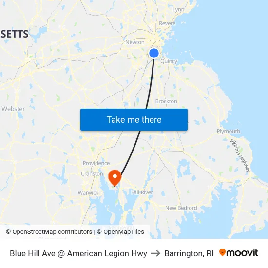 Blue Hill Ave @ American Legion Hwy to Barrington, RI map