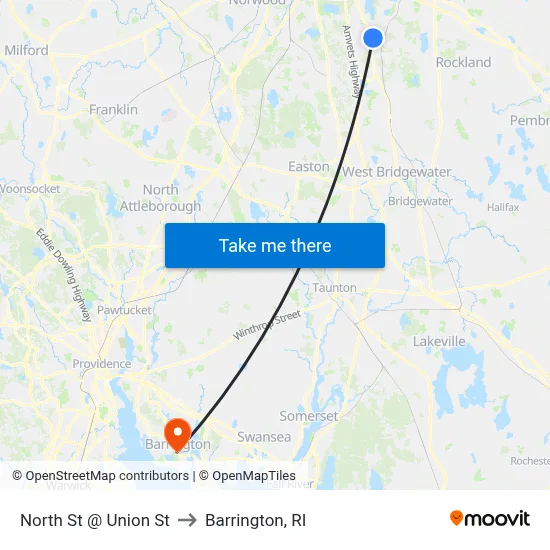 North St @ Union St to Barrington, RI map