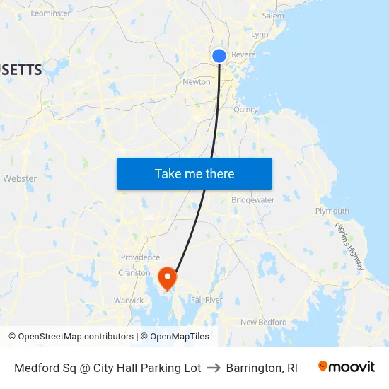 Medford Sq @ City Hall Parking Lot to Barrington, RI map