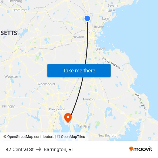 42 Central St to Barrington, RI map