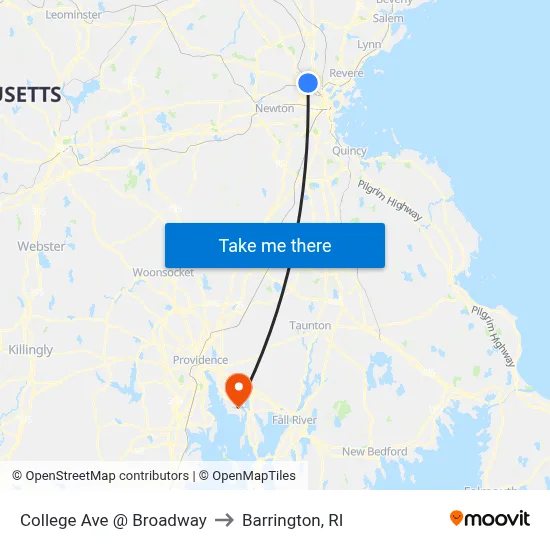 College Ave @ Broadway to Barrington, RI map
