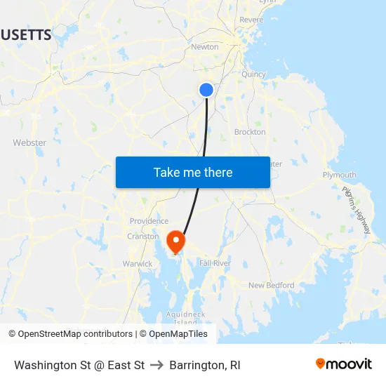 Washington St @ East St to Barrington, RI map