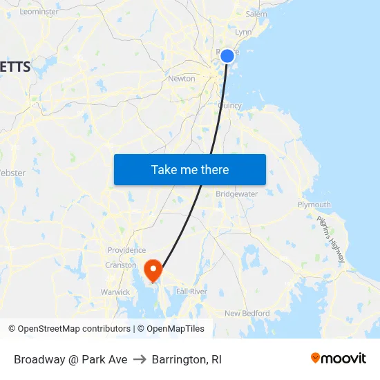 Broadway @ Park Ave to Barrington, RI map
