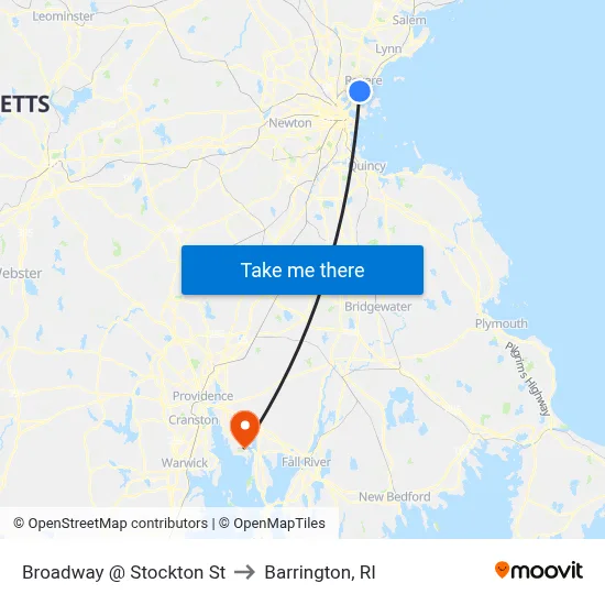 Broadway @ Stockton St to Barrington, RI map