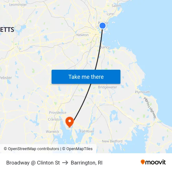 Broadway @ Clinton St to Barrington, RI map