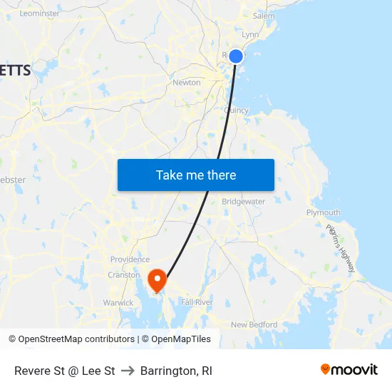 Revere St @ Lee St to Barrington, RI map
