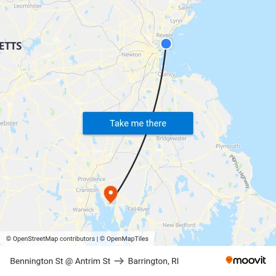 Bennington St @ Antrim St to Barrington, RI map