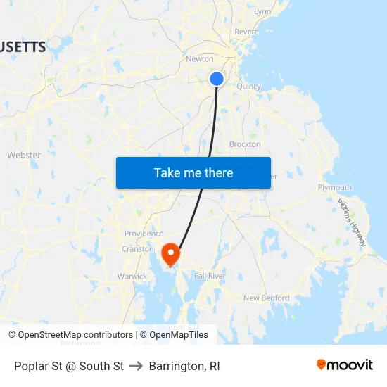 Poplar St @ South St to Barrington, RI map
