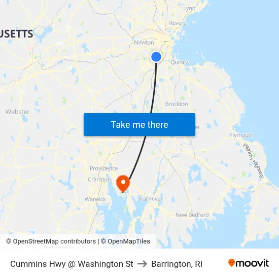 Cummins Hwy @ Washington St to Barrington, RI map