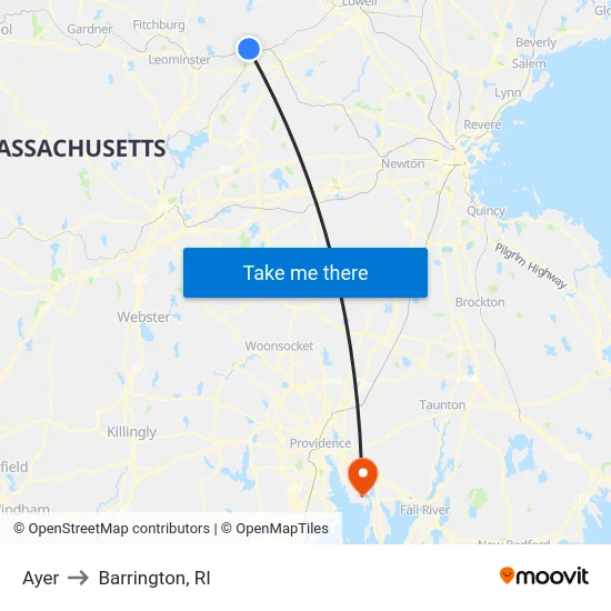 Ayer to Barrington, RI map