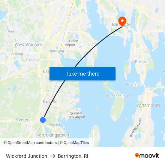 Wickford Junction to Barrington, RI map