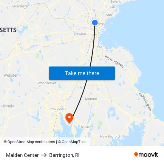 Malden Center to Barrington, RI map