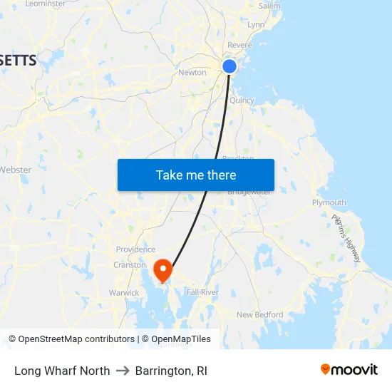 Long Wharf North to Barrington, RI map