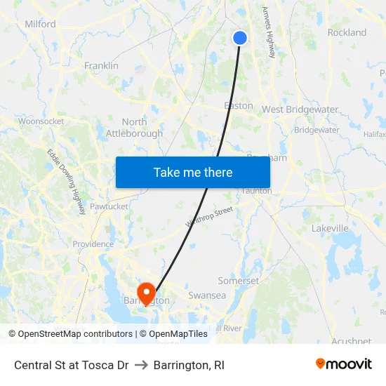 Central St at Tosca Dr to Barrington, RI map