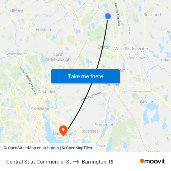 Central St at Commercial St to Barrington, RI map