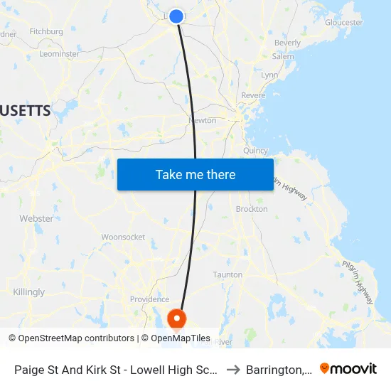 Paige St And Kirk St - Lowell High School to Barrington, RI map