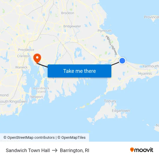 Sandwich Town Hall to Barrington, RI map