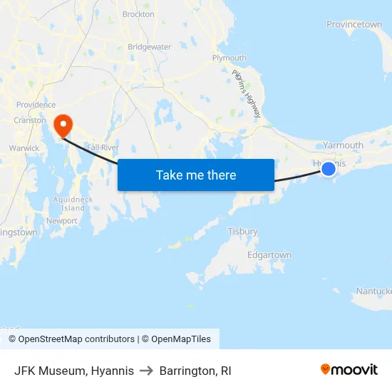 JFK Museum, Hyannis to Barrington, RI map