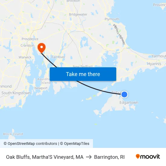 Oak Bluffs, Martha’S Vineyard, MA to Barrington, RI map