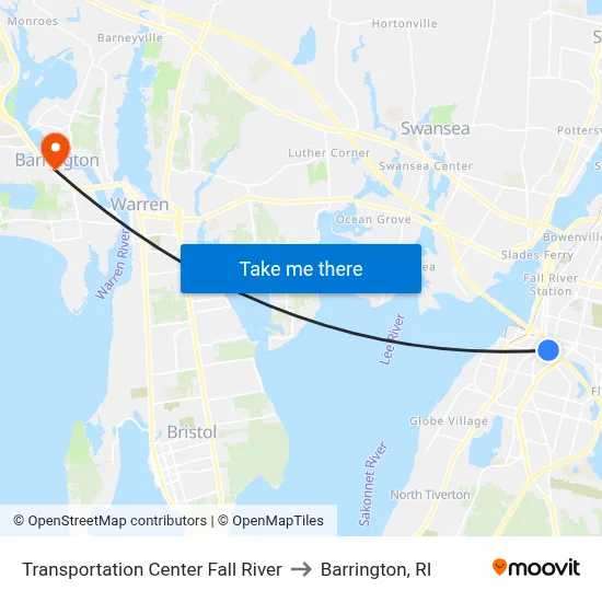 Transportation Center Fall River to Barrington, RI map