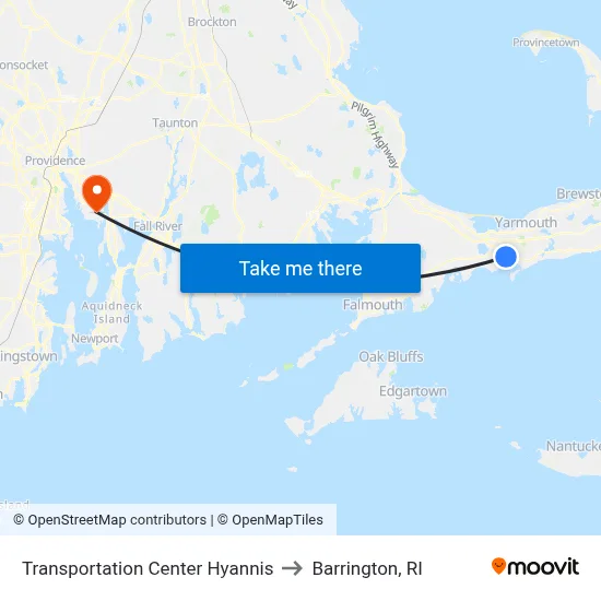 Transportation Center Hyannis to Barrington, RI map