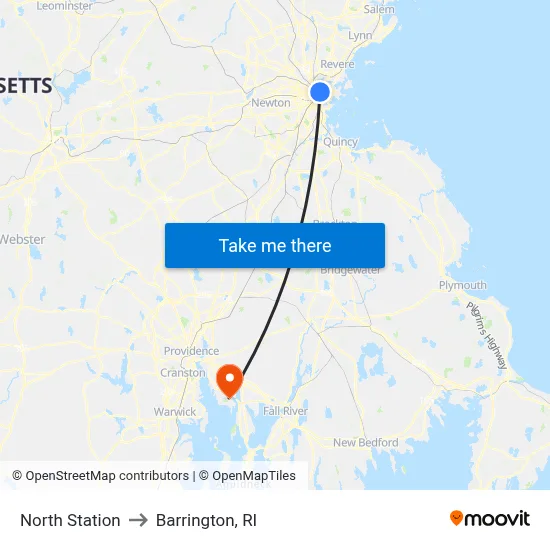 North Station to Barrington, RI map